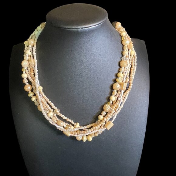 Multi Strand Carved Shell Bead Necklace Boho Beach Layered Cream Chunky Beads - Picture 2 of 7